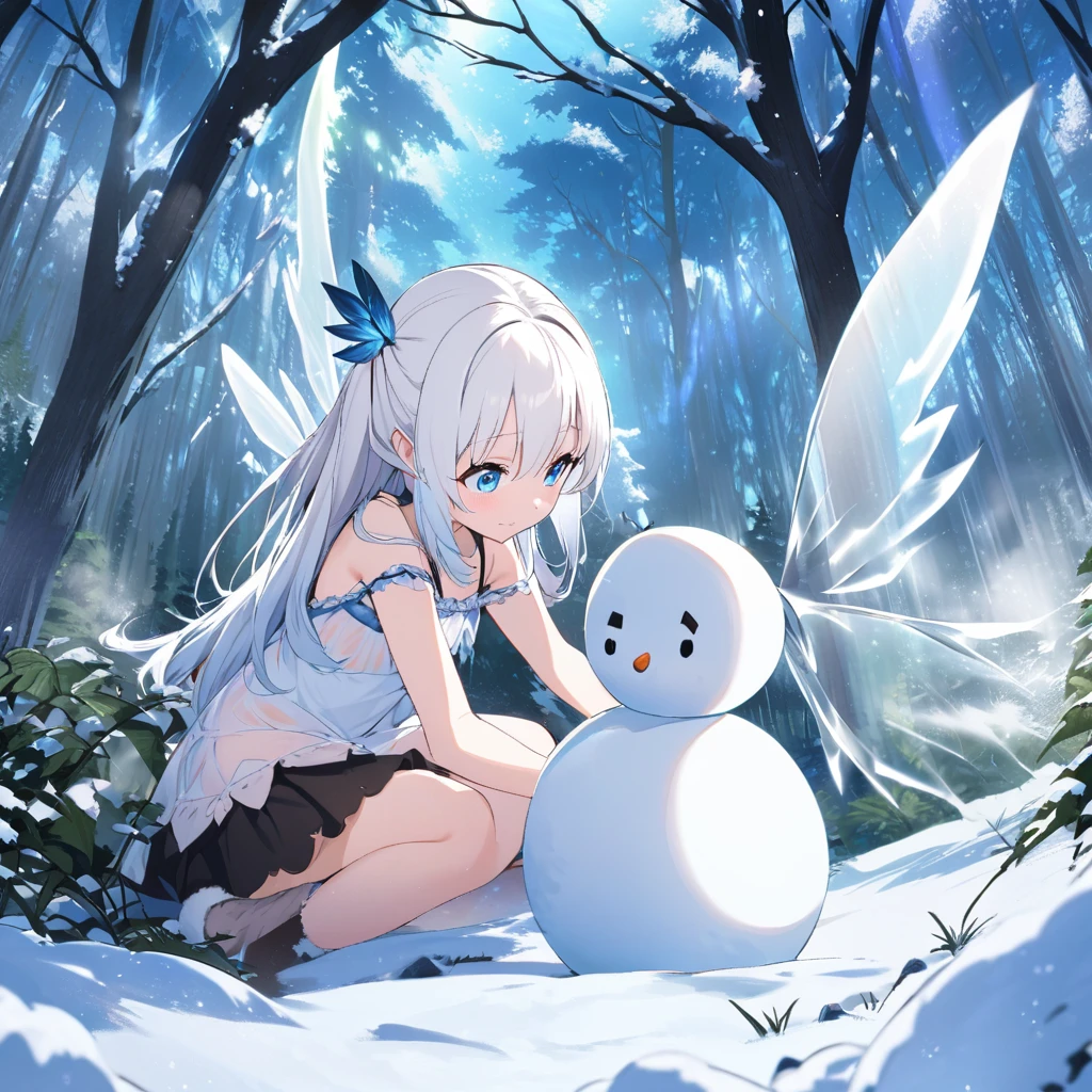 One woman,Ice fairy making a snowman,Young face,White Hair,blue eyes,Winged,Four Feathers,fluffy,Translucent wings,Ice,Short,Wearing a camisole, magical sky,Blue sky,in the forest,it&#39;s snowing,very mysterious