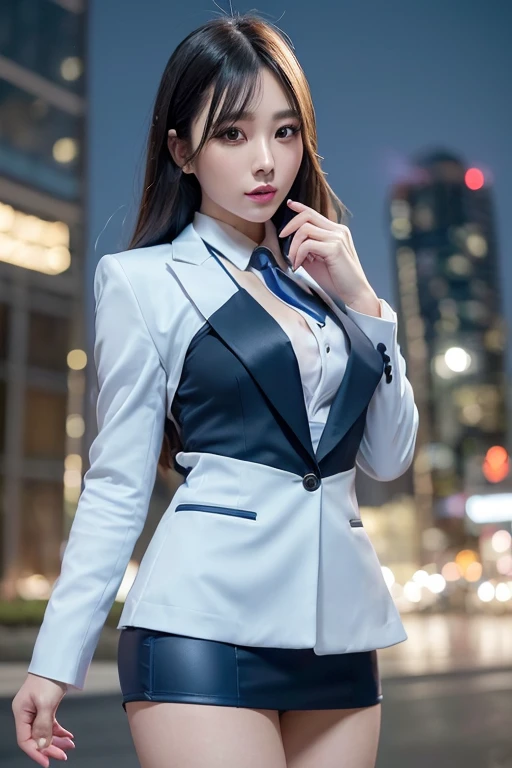 Highest quality,Ultra HD,8k,(Beautiful 25 year old Asian hit woman), (Wolf cut black hair), (White skin), (Serious face), Blue skirt suit 1.5, (((Three-piece suit))), (((Dress shirt))), (((tie))), blazer,(Thigh 1.2,Glamorous Body), (((blue suit jacket))), Black shiny lapel, (((Bodycon mini skirt))), Tight Skirt, tights, pantyhose, Cufflinks, (Night city background), View from the front, Well-groomed and beautiful face 1.2, Dynamic pose, Ambient Lighting, Photographic realism, Intricate facial details, Exquisite handcrafted details, Very detailed, Vibrant colors, Cinematic, High resolution, Trending Styles Raw on Artstation, , Excited,