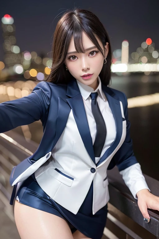 Highest quality,Ultra HD,8k,(Beautiful 25 year old Asian hit woman), (Wolf cut black hair), (White skin), (Serious face), Blue skirt suit 1.5, (((Three-piece suit))), (((Dress shirt))), (((tie))), blazer,(Thigh 1.2,Glamorous Body), (((blue suit jacket))), Black shiny lapel, (((Bodycon mini skirt))), Tight Skirt, tights, pantyhose, Cufflinks, (Night city background), View from the front, Well-groomed and beautiful face 1.2, Dynamic pose, Ambient Lighting, Photographic realism, Intricate facial details, Exquisite handcrafted details, Very detailed, Vibrant colors, Cinematic, High resolution, Trending Styles Raw on Artstation, , Excited,