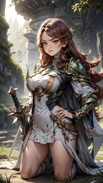 (best quality,4k,8k,highres,masterpiece:1.2),ultra-detailed, 1woman, irish goddess brigid, auburn hair, iron armor over druid ro...