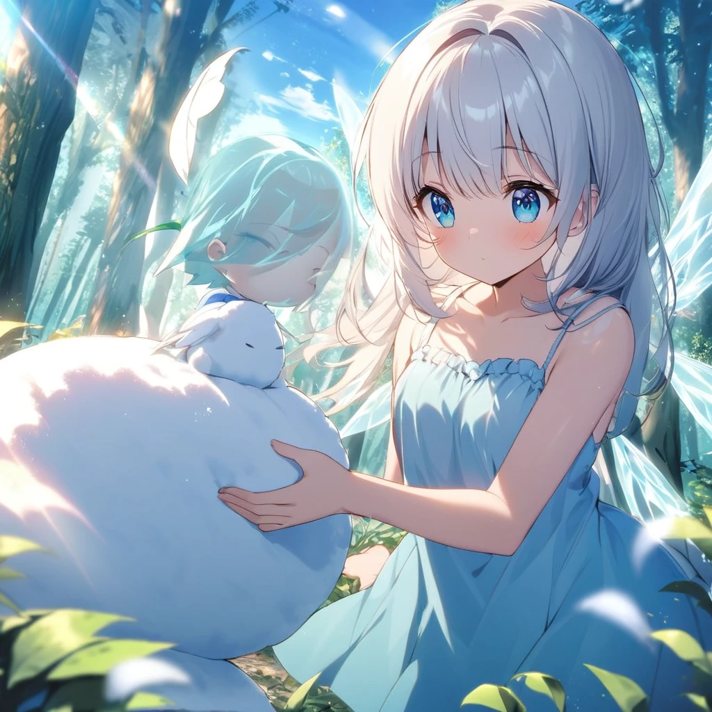 One woman,Ice fairy making a snowman,Young face,White Hair,blue eyes,Winged,Four Feathers,fluffy,Translucent wings,Ice,Short,Wearing a camisole, magical sky,Blue sky,in the forest,Sunlight filtering through the trees,it&#39;s snowing,very mysterious