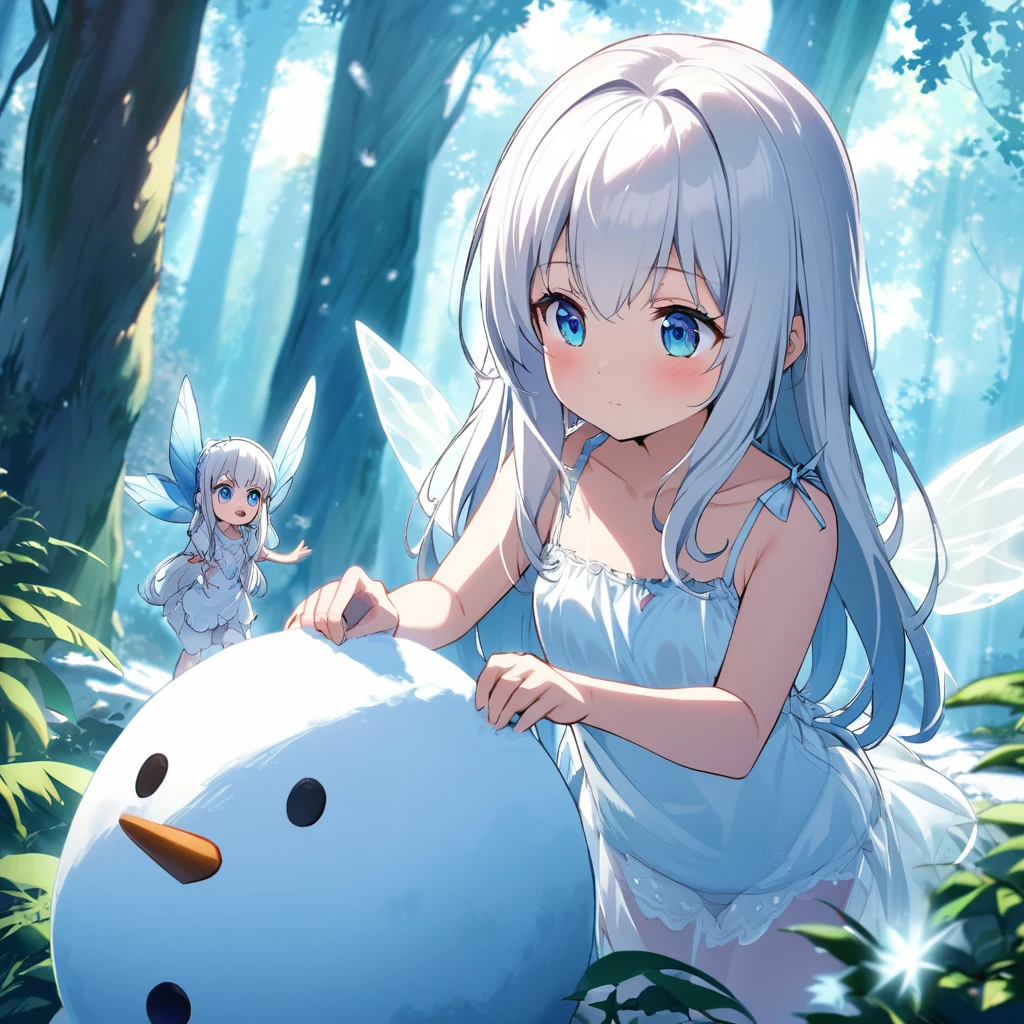 One woman,Ice fairy making a snowman,Young face,White Hair,(long hair),blue eyes,Winged,Four Feathers,fluffy,Translucent wings,Ice,Short,Wearing a camisole, magical sky,Blue sky,in the forest,Sunlight filtering through the trees,it&#39;s snowing,very mysterious