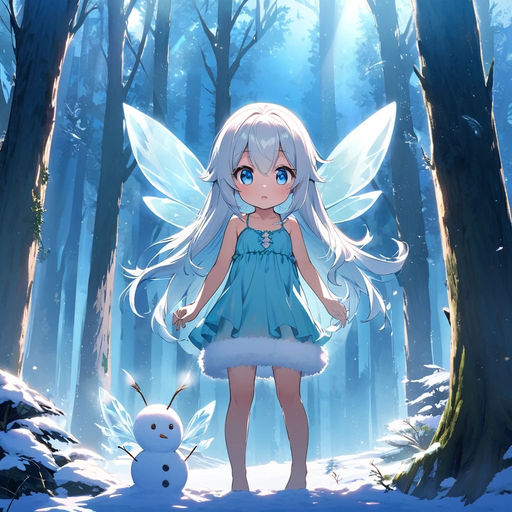 One ice fairy,Making a snowman,Young face,White Hair,(long hair),blue eyes,Winged,Four Feathers,fluffy,Translucent wings,Ice,Short,Wearing a camisole, magical sky,Blue sky,in the forest,Sunlight filtering through the trees,it&#39;s snowing,very mysterious