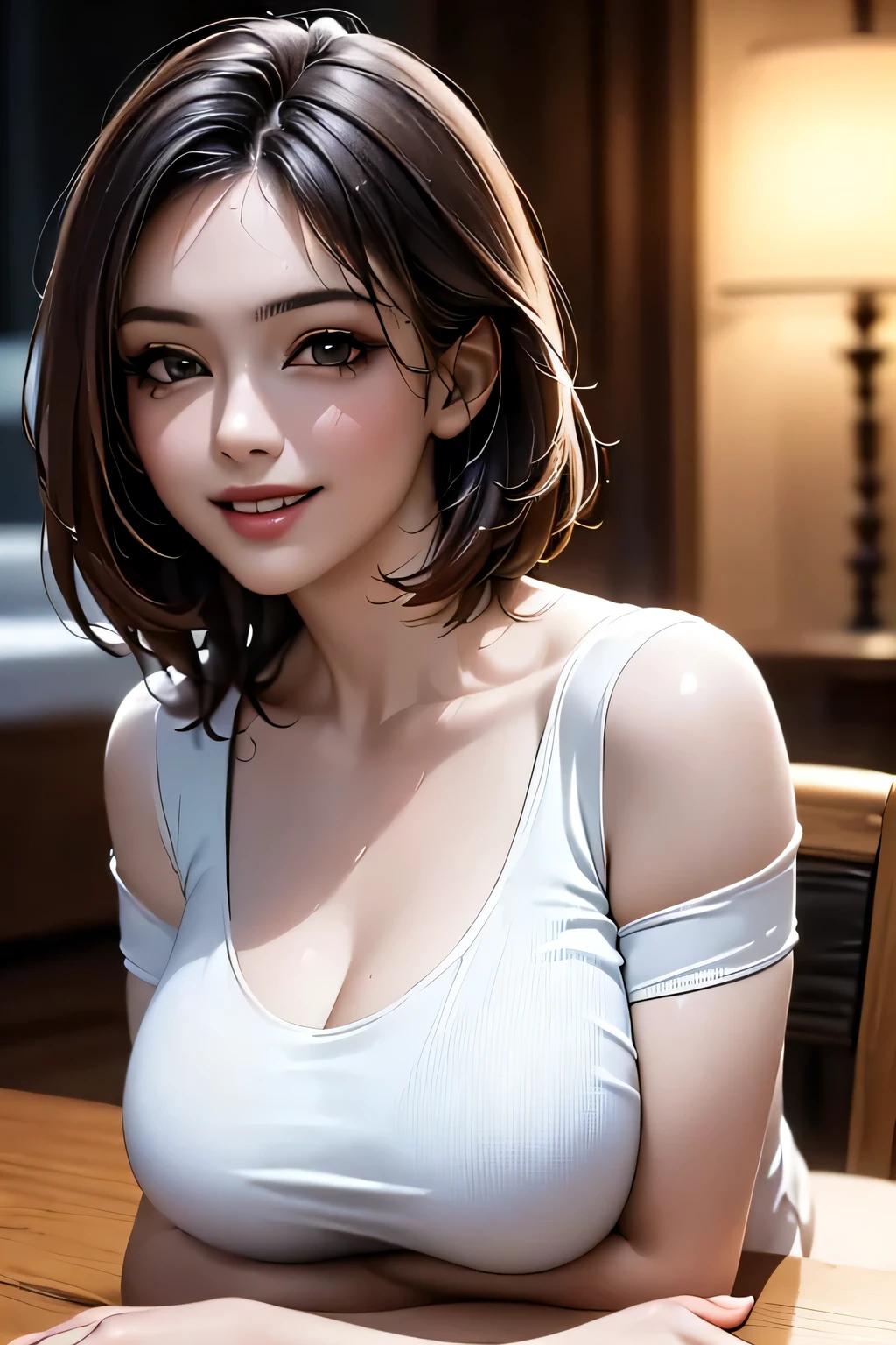 ((Realistic Light, masterpiece, Highest quality, Realistic, 8k, Tabletop: 1.3)), 1 person, Off-the-shoulder cut top: 1.3, Highly detailed face, fine grain, (eyelash), double eyelid, grin, (My Room), smile, (((beauty of saggy breasts))