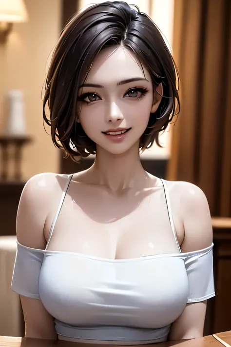 ((realistic light, masterpiece, highest quality, realistic, 8k, tabletop: 1.3)), 1 person, off-the-shoulder cut top: 1.3, highly...