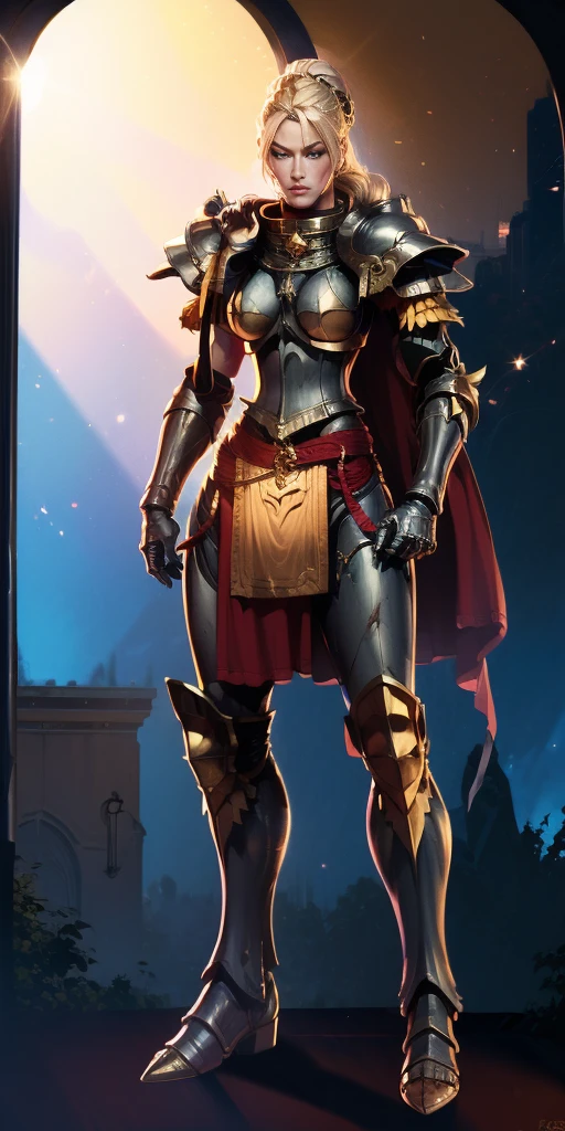 paladin lady in ornate golden armor, black collar, pauldrons, breastplate, corset, glowing halo, single braid, blonde, yellow glowing eyes, bright pupils, eye focus, red cape, temple indoors, stained glass windows, night, moonlight, particles, light beam, chromatic aberration, (full body, whole body. 1solo (girl). slave fighter, loincloth standing, hands on hips full body, whole body. 1solo (girl). slave fighter, loincloth standing, hands on hips, metal sandals, backpack, choker, big belt, view from below, feet together, bracers, tiara)