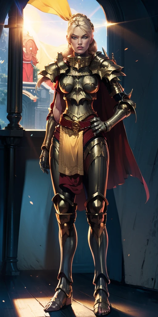 paladin lady in ornate golden armor, black collar, pauldrons, breastplate, corset, glowing halo, single braid, blonde, yellow glowing eyes, bright pupils, eye focus, red cape, temple indoors, stained glass windows, night, moonlight, particles, light beam, chromatic aberration, (full body, whole body. 1solo (girl). slave fighter, loincloth standing, hands on hips full body, whole body. 1solo (girl). slave fighter, loincloth standing, hands on hips, metal sandals, backpack, choker, big belt, view from below, feet together, bracers, tiara)