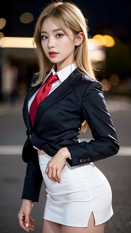 highest quality,ultra hd,8k,(beautiful 25 year old asian hit woman), (blonde 1.4), (white skin), (serious face), red skirt suit ...