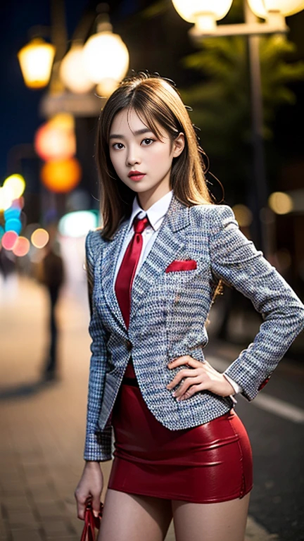 Highest quality,Ultra HD,8k,(Beautiful 25 year old Asian hit woman), (Blonde 1.4), (White skin), (Serious face), Red skirt suit 1.5, (((Three-piece suit))), (((Dress shirt))), (((tie))), blazer,(Thigh 1.2,Glamorous Body), (((Red Suit Jacket))), Black shiny lapel, (((Bodycon mini skirt))), Tight Skirt, bare legs 1.2,Cufflinks, (Night city background), View from the front, Well-groomed and beautiful face 1.2, Dynamic pose, Ambient Lighting, Photographic realism, Intricate facial details, Exquisite handcrafted details, Very detailed, Vibrant colors, Cinematic, High resolution, Trending Styles Raw on Artstation, , Excited,