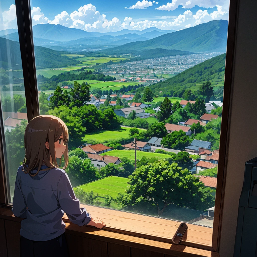 landscape, View from the window, anime style, countryside, against the backdrop of mountains and clouds.  