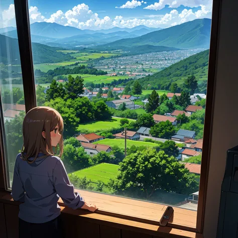 landscape, view from the window, anime style, countryside, against the backdrop of mountains and clouds.