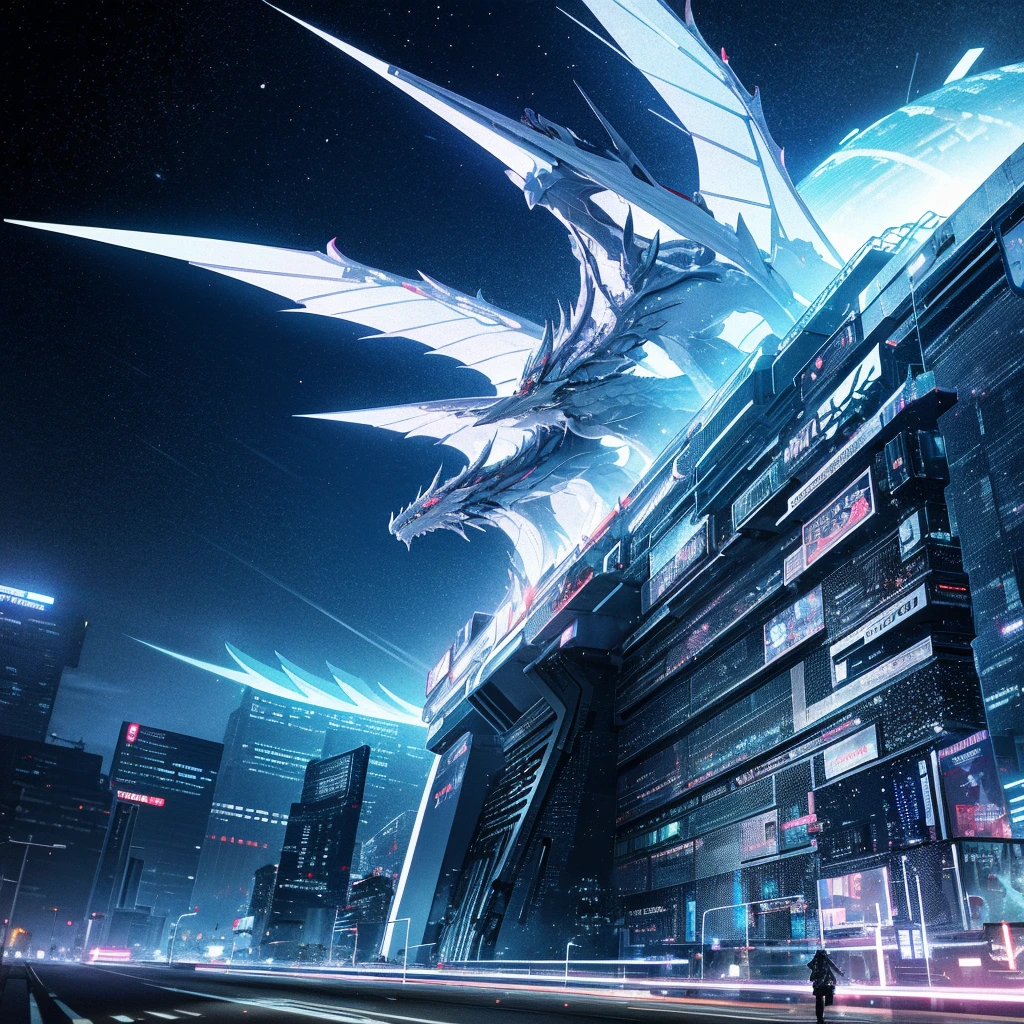 8 K, ultra HD, Background type, cyberpunk anime, White Buildings, White Towers, Fantasy, 3d, White cybernetic dragons in the background, landscape