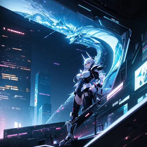 8 k, ultra hd, background type, cyberpunk anime, white buildings, white towers, fantasy, 3d, white cybernetic dragons in the bac...