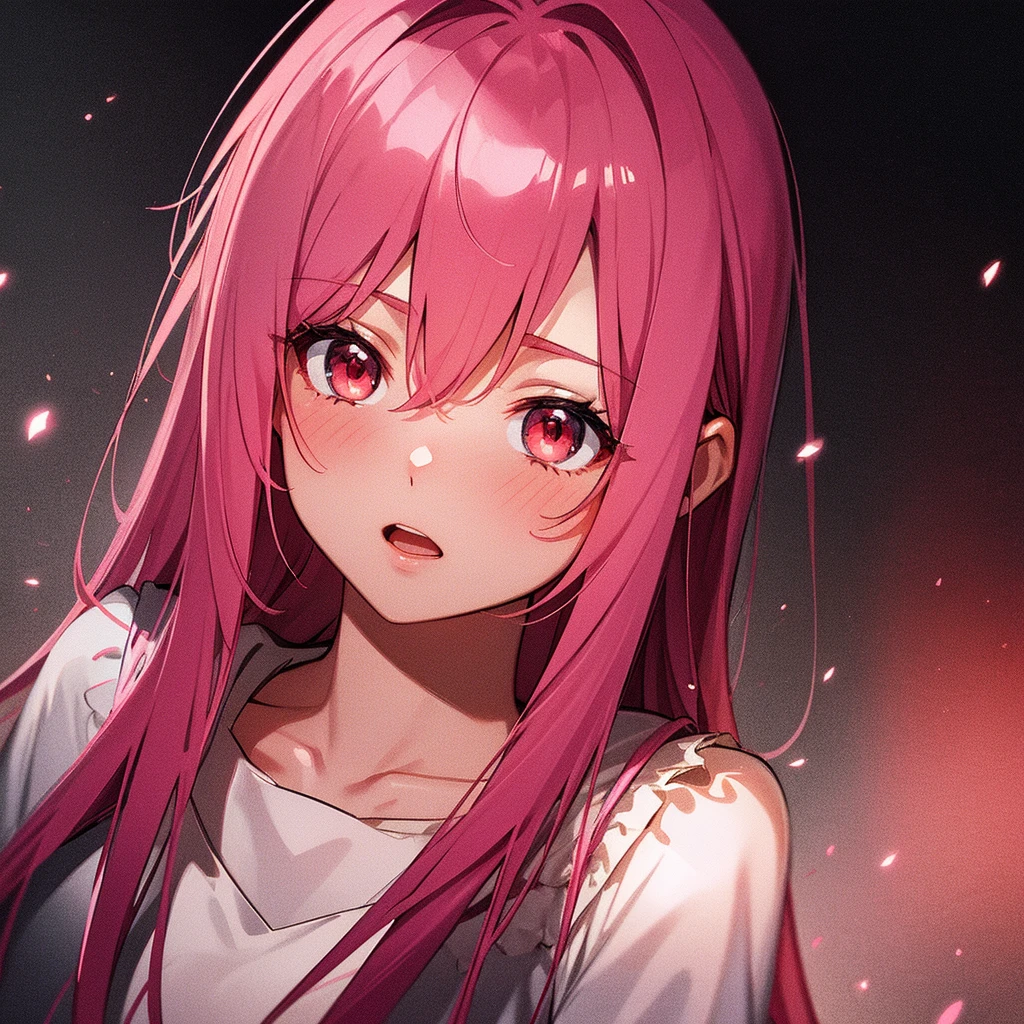 glowing light: 1.0), (Bright, sketch, drawing: 1.0), 1 girl, bang, red eyes Bright relucent light in hair, blush, clavicle, hair between eyes, long hair, I look at the viewer, Good, open mouth, pink hair, portrait, brilliant, brilliant hair, Side tail,