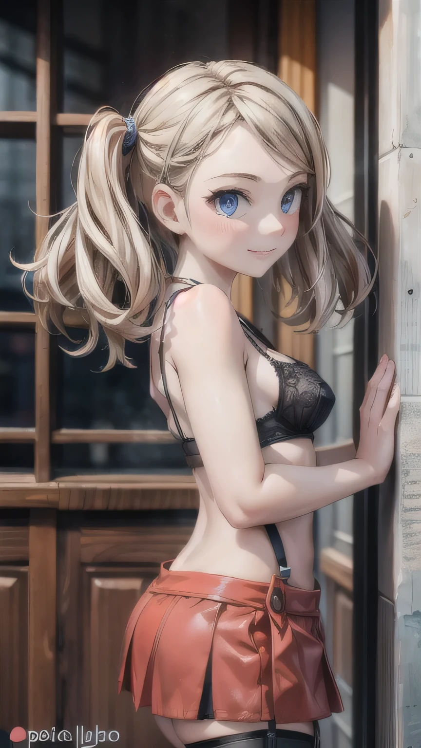 a beautiful girl with detailed features, long eyelashes, pastel pink lingerie with white details, Black microskirt, thigh high stockings, garter belt, Looking at the camera with a smile, (Best Quality,4k,8k,High resolution,masterpiece:1.2),ultra detailed,(realist,photorealist,photo-realist:1.37),hyperrealist,intricate details,studio lighting,ethereal,elegant,attractive,Little mom,portrait,high fashion