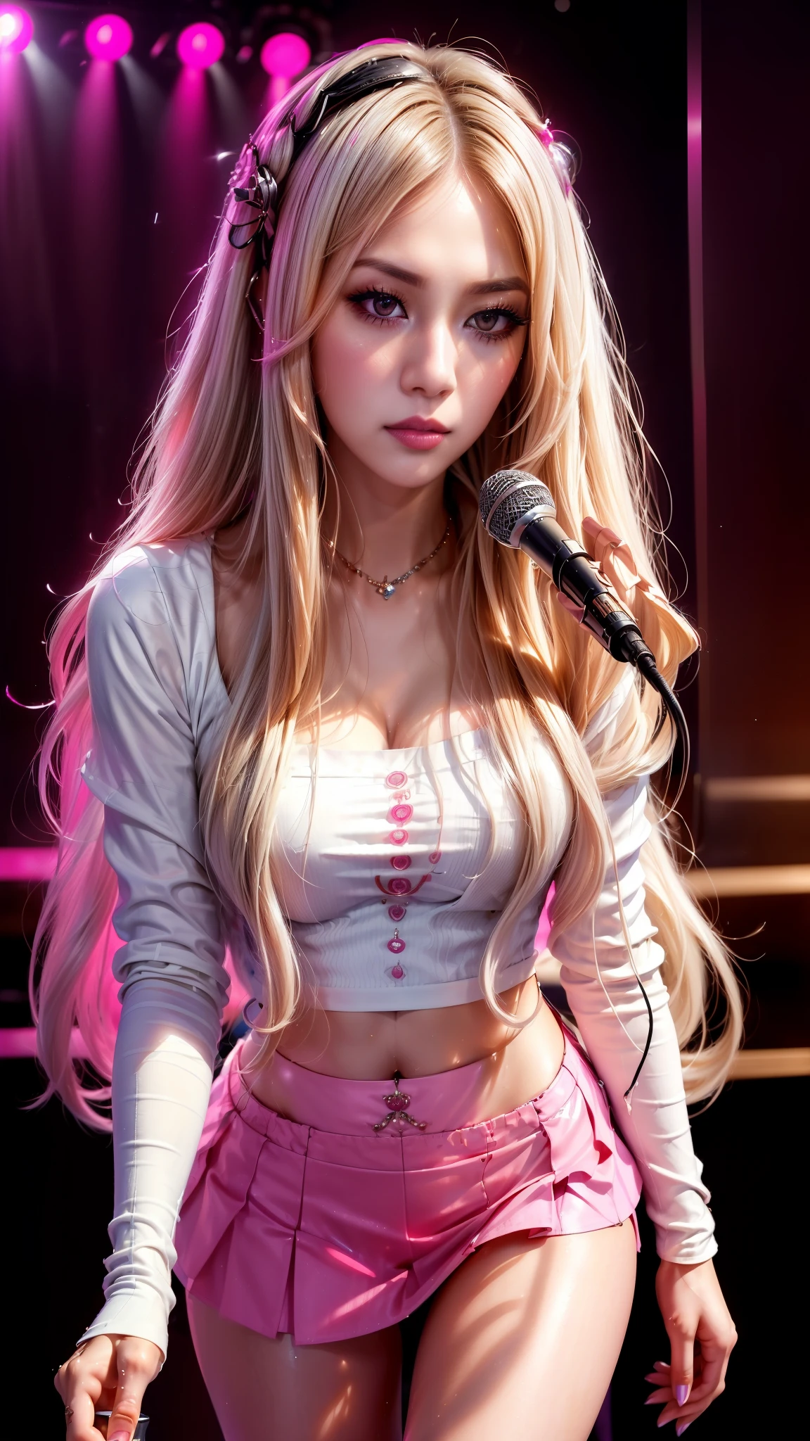 photorealistic,Realistic illustration in Modelshoot style,((masterpiece)),((The best quality)),((Ultra Quality)),((ultra detailed)),((1girl long white hair)),((Only)),((waifu:1.5)),Perfect anatomy,perfect hands,beautiful cuerpo,beautiful_method,ulzzang-6500-v1,e-chica,((Exceptionally Beauty Waifu Princess Mary R.)),((a close up of a woman in a short skirt and a microphone:1.5)), ((jisoo from blackpink, jisoo of blackpink, blackpink jennie, bae suzy)), ((portrait jisoo blackpink, lalisa manoban of blackpink, jia)), ((performing on stage:1.3)), ((kda, lalisa manobal, sun yunjoo, jossi of blackpink, jinyoung shin, aesthetic!!!!!! female genie)),((bright-pink_eyes)),long wavy hair, ((white hair)),hair clips,eyeliner,cute makeup,lipstick,Glossy lipstick,with a look of love, worry and sadness,((eyes detallados perfectos)),rainy with fog outside,evening,pink theme,bioluminiscencia,light particles,((Extremely CG Unity 8K Wallpaper)),((cinematic lighting,Best quality lights)),intricate details,Suave,sharp focus,Extremely beautiful and aesthetic,Octane rendering,Full length portrait,damp skin,((Perfect detailed body)),