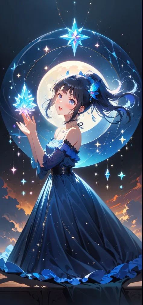 a girl is dancing acrobatically in the starry sky, surrounded by constellations, on black background, white stars and lines form...