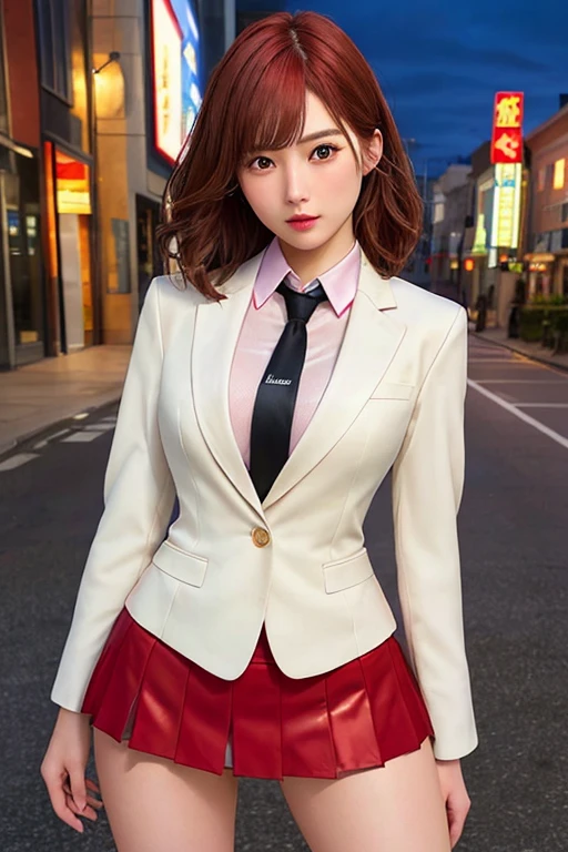 Highest quality,Ultra HD,8k,(Beautiful 25 year old Asian hit woman), (Red Hair 1.8), (White skin), (Serious face), Red skirt suit 1.5, (((Three-piece suit))), (((Dress shirt))), (((tie))), blazer,(Thigh 1.2,Large Breasts), (((Red Suit Jacket))), Black shiny lapel, (((Bodycon mini skirt))), Tight Skirt, bare legs 1.2,Cufflinks, (Night city background), View from the front, Well-groomed and beautiful face 1.2, Dynamic pose, Ambient Lighting, Photographic realism, Intricate facial details, Exquisite handcrafted details, Very detailed, Vibrant colors, Cinematic, High resolution, Trending Styles Raw on Artstation, , Excited,