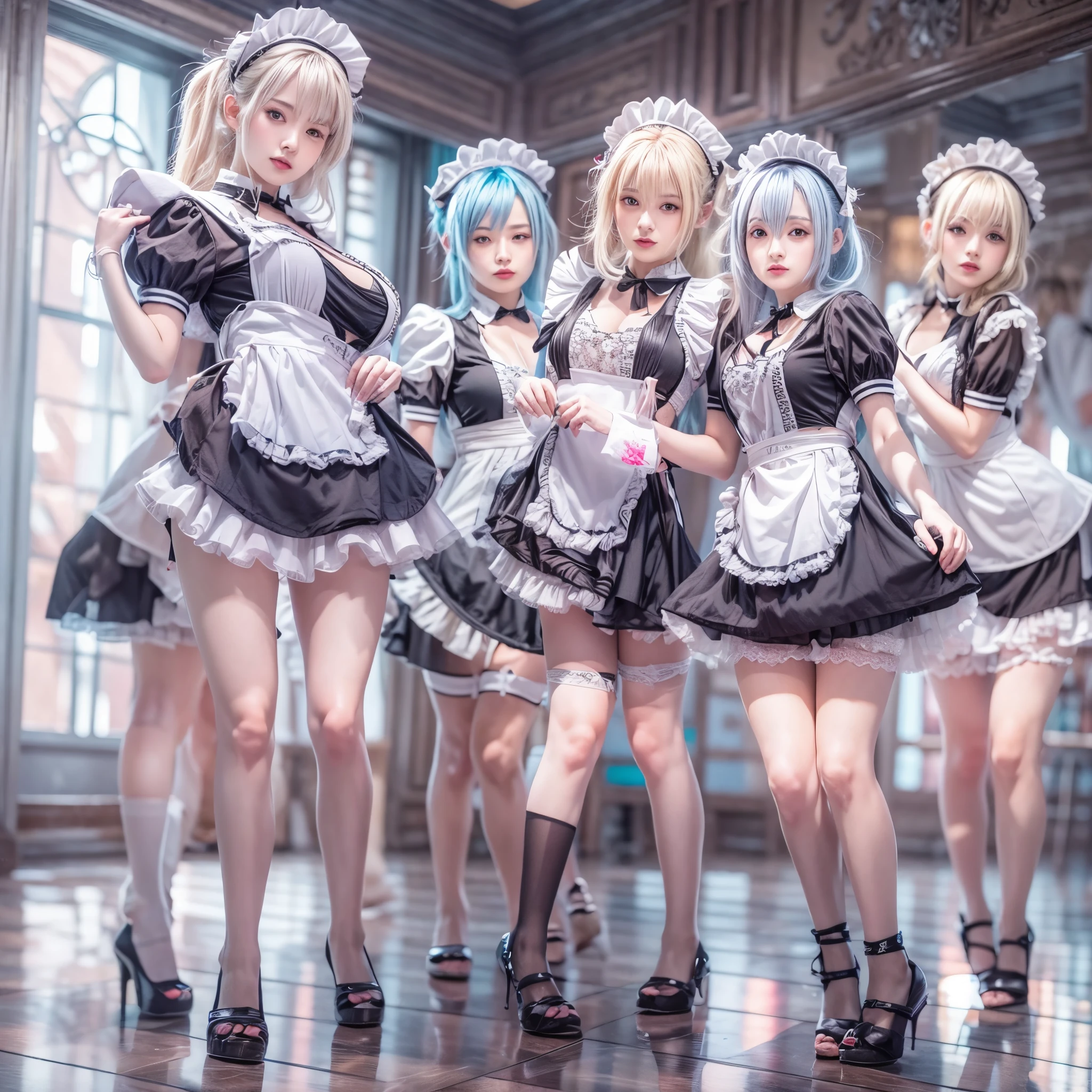 (Full Body of Extremely Detailed((Sexy Maid Group in a row:1.37))), KAWAII perfect face, Reflective Eyes, Detailed(Delicate Clothing textures), Correct Leg Line, Dynamic Joyful Expressions LifeLike Rendering, Specular Reflection, TopQuality 8K Ultra-detailed masterpiece (ProfessionalPhoto:1.37), (Acutance:0.8), (Luminism:1.28), (Renaissance art style), Colorful Light particles, ((Full body from side)), {MicroMini Skirt|Kissing|Breast Lifting|Undressing|Thigh Gap|AssFocus|(NakedApron with Overflowing SideBoob)}, Radiant Fine Skin with Transparency, (Exposed:0.4), (Different types of Anime hair color){Pink Hair|Blue Hair|Platinum Blonde|Pure White Hair|Liquid Hair}, Perfect Lighting 