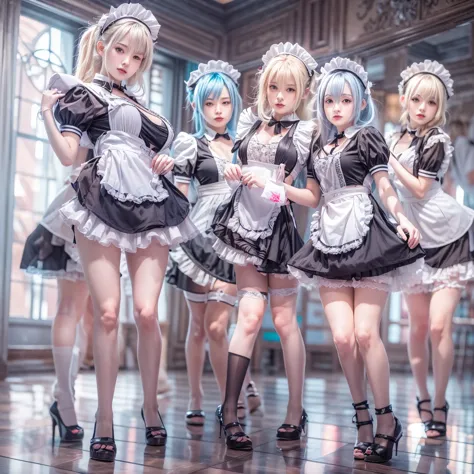 (full body of extremely detailed((sexy maid group in a row:1.37))), kawaii perfect face, reflective eyes, detailed(delicate clot...