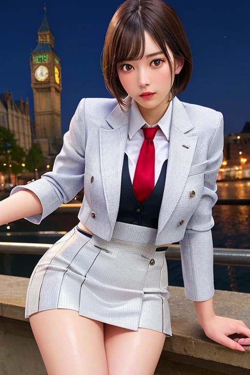 Highest quality,Ultra HD,8k,(Beautiful 25 year old Asian hit woman), (Silver Hair 1.8), (White skin), (Serious face), Red skirt suit 1.5, (((Three-piece suit))), (((Dress shirt))), (((tie))), blazer,(Thigh 1.2,Large Breasts), (((Red Suit Jacket))), Black shiny lapel, (((Bodycon mini skirt))), Tight Skirt, bare legs 1.2,Cufflinks, (Night city background), View from the front, Well-groomed and beautiful face 1.2, Dynamic pose, Ambient Lighting, Photographic realism, Intricate facial details, Exquisite handcrafted details, Very detailed, Vibrant colors, Cinematic, High resolution, Trending Styles Raw on Artstation, , Excited,