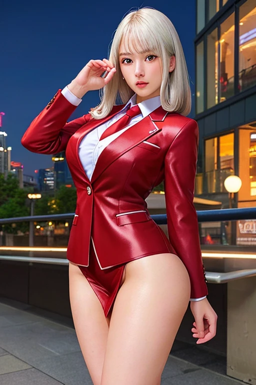 Highest quality,Ultra HD,8k,(Beautiful 25 year old Asian hit woman), (Silver Hair 1.8), (White skin), (Serious face), Red skirt suit 1.5, (((Three-piece suit))), (((Dress shirt))), (((tie))), blazer,(Thigh 1.2,Large Breasts), (((Red Suit Jacket))), Black shiny lapel, (((Bodycon mini skirt))), Tight Skirt, bare legs 1.2,Cufflinks, (Night city background), View from the front, Well-groomed and beautiful face 1.2, Dynamic pose, Ambient Lighting, Photographic realism, Intricate facial details, Exquisite handcrafted details, Very detailed, Vibrant colors, Cinematic, High resolution, Trending Styles Raw on Artstation, , Excited,