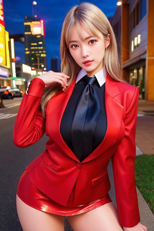 Highest quality,Ultra HD,8k,(Beautiful 25 year old Asian hit woman), (Silver Hair 1.8), (White skin), (Serious face), Red skirt suit 1.5, (((Three-piece suit))), (((Dress shirt))), (((tie))), blazer,(Thigh 1.2,Large Breasts), (((Red Suit Jacket))), Black shiny lapel, (((Bodycon mini skirt))), Tight Skirt, bare legs 1.2,Cufflinks, (Night city background), View from the front, Well-groomed and beautiful face 1.2, Dynamic pose, Ambient Lighting, Photographic realism, Intricate facial details, Exquisite handcrafted details, Very detailed, Vibrant colors, Cinematic, High resolution, Trending Styles Raw on Artstation, , Excited,