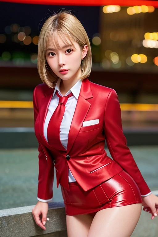 Highest quality,Ultra HD,8k,(Beautiful 25 year old Asian hit woman), (Silver Hair 1.8), (White skin), (Serious face), Red skirt suit 1.5, (((Three-piece suit))), (((Dress shirt))), (((tie))), blazer,(Thigh 1.2,Large Breasts), (((Red Suit Jacket))), Black shiny lapel, (((Bodycon mini skirt))), Tight Skirt, bare legs 1.2,Cufflinks, (Night city background), View from the front, Well-groomed and beautiful face 1.2, Dynamic pose, Ambient Lighting, Photographic realism, Intricate facial details, Exquisite handcrafted details, Very detailed, Vibrant colors, Cinematic, High resolution, Trending Styles Raw on Artstation, , Excited,