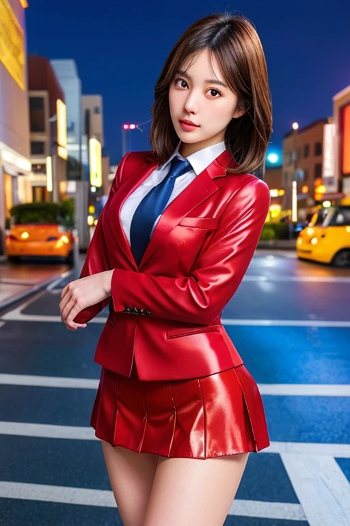 Highest quality,Ultra HD,8k,(Beautiful 25 year old Asian hit woman), (Silver Hair 1.8), (White skin), (Serious face), Red skirt suit 1.5, (((Three-piece suit))), (((Dress shirt))), (((tie))), blazer,(Thigh 1.2,Large Breasts), (((Red Suit Jacket))), Black shiny lapel, (((Bodycon mini skirt))), Tight Skirt, bare legs 1.2,Cufflinks, (Night city background), View from the front, Well-groomed and beautiful face 1.2, Dynamic pose, Ambient Lighting, Photographic realism, Intricate facial details, Exquisite handcrafted details, Very detailed, Vibrant colors, Cinematic, High resolution, Trending Styles Raw on Artstation, , Excited,