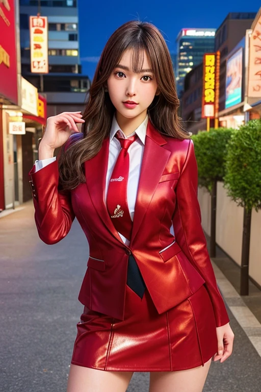 Highest quality,Ultra HD,8k,(Beautiful 25 year old Asian hit woman), (Silver Hair 1.8), (White skin), (Serious face), Red skirt suit 1.5, (((Three-piece suit))), (((Dress shirt))), (((tie))), blazer,(Thigh 1.2,Large Breasts), (((Red Suit Jacket))), Black shiny lapel, (((Bodycon mini skirt))), Tight Skirt, bare legs 1.2,Cufflinks, (Night city background), View from the front, Well-groomed and beautiful face 1.2, Dynamic pose, Ambient Lighting, Photographic realism, Intricate facial details, Exquisite handcrafted details, Very detailed, Vibrant colors, Cinematic, High resolution, Trending Styles Raw on Artstation, , Excited,