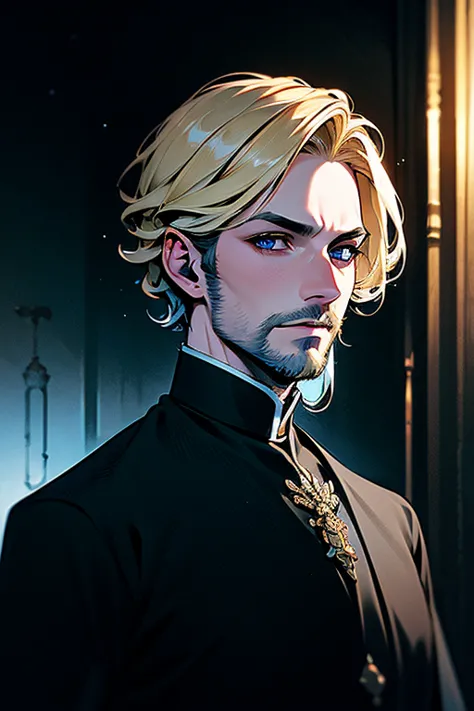 blond, blue eyes, short hair, a thin beard on the chin, wearing the black clothes of a noble king, masterpiece, best quality