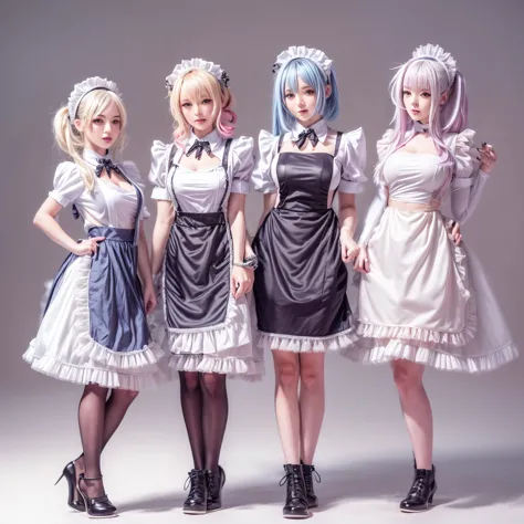 (full body of extremely detailed((sexy maid group in a row:1.37))), kawaii perfect face, reflective eyes, detailed(delicate clot...