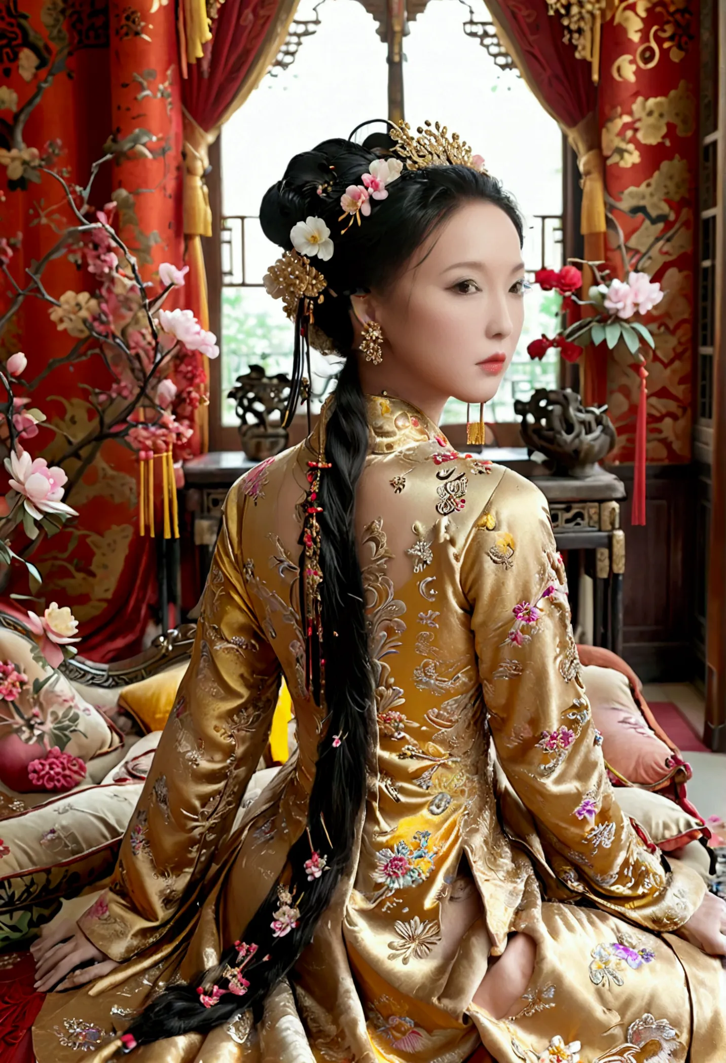 a large golden sofa with a fully naked chinese qing dynasty empress sitting on it, her large breasts exposed and her hair tied t...