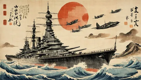 masterpiece,battleship flying in the sky、fighter、japanese paintings drawn with ink and water,(beautiful gradation created by lay...