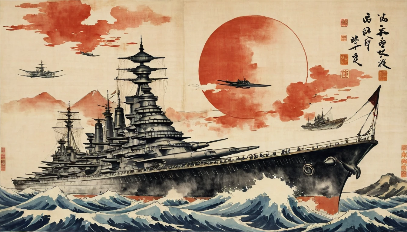 masterpiece,Battleship flying in the sky、Fighter、Japanese paintings drawn with ink and water,(Beautiful gradation created by layering),(Tarashikomi technique),(dynamic)、Ink Painting、Ukiyo-e、Chinese character、Faded、Movie Posters