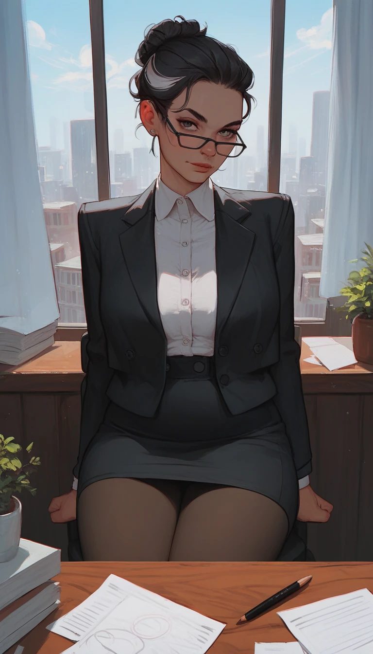 score_9, score_8_up, score_8, score_9, score_9, score_8_up, score_7_up, score_6_up, score_5_up, score_4_up, mature businesswoman in office looking at viewer, black suit jacket, white collared shirt, black hair bun, white streak in hair, black pencil dress, pantyhose, glasses, chair, desk, paper, windows, city in windows, detailed background, sitting on chair,
