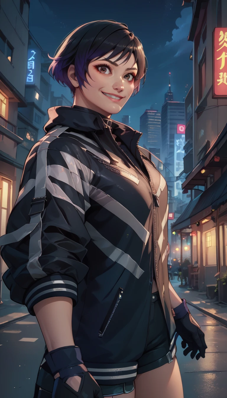 score_9,score_8_up,score_7_up,
Reina,black  jacket,black gloves,brown eyes,
shorts,smile,
standing,upper body,
night,city square,