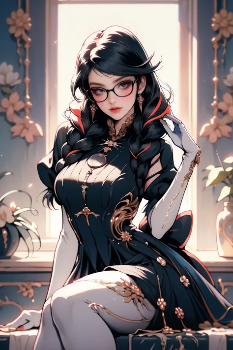 (masterpiece:1.4),(best quality:1.4),(absurdres:1.4),pin-up,bayonetta_3_twintail_aiwaifu,glasses,blue_eyes ,black_hair,long_hair...