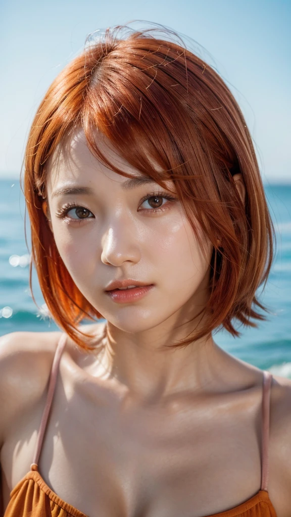 Model actress、One Woman、cool、Japanese and half European、Close-up of face、30 generation beauty、Realistic Skin、4K images、bright orange hair、Short Hair、Seaside
