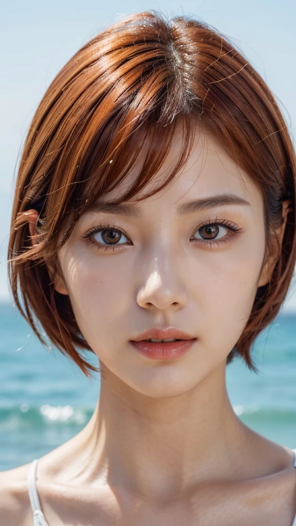 Model actress、One Woman、cool、Japanese and half European、Close-up of face、30 generation beauty、Realistic Skin、4K images、bright orange hair、Short Hair、Seaside