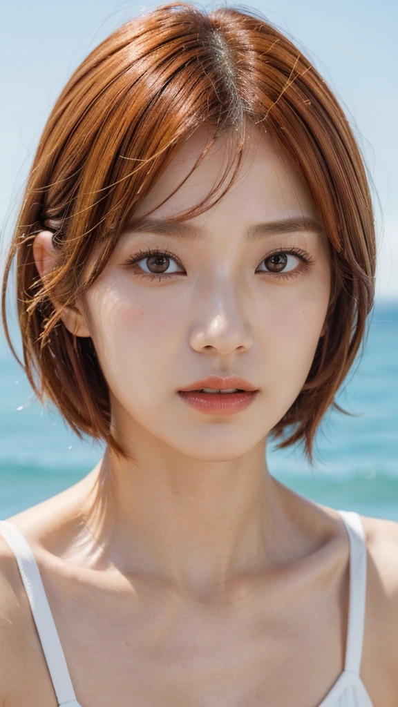 Model actress、One Woman、cool、Japanese and half European、Close-up of face、30 generation beauty、Realistic Skin、4K images、bright orange hair、Short Hair、Seaside