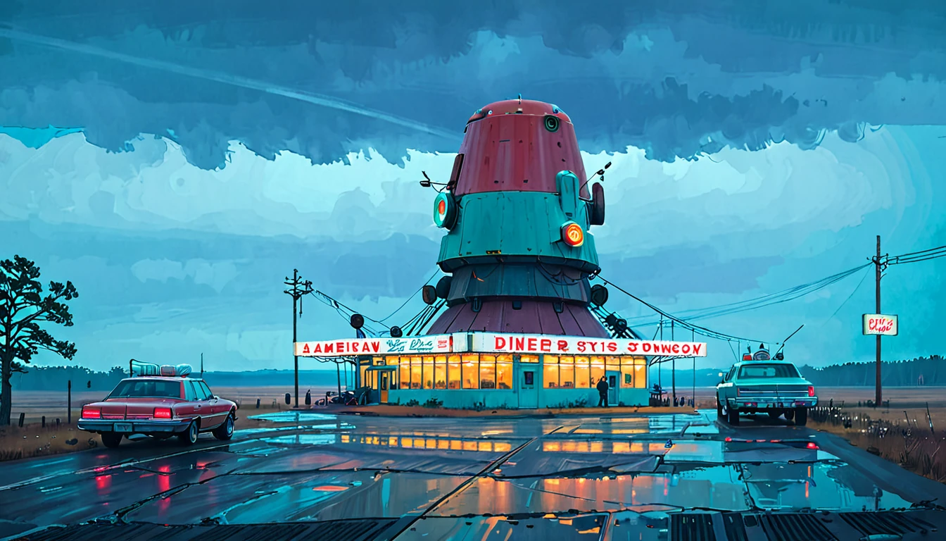 (lora:21Stalenhag:1),(masterpiece), (best quality), (ultra-detailed), (best illustration), (best shadow), (absurdres),((draw by Simon Stlenhag)), ((draw by Simon Stlenhag)), Simon Stlenhag style,SIMON STÅLENHAG,(((American Diner))), Americana Architecture, a group of broken monoliths,robot, country street by Simon Stlenhag,american diner on the far behind,spaceship in the sky