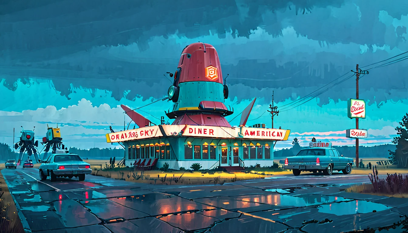 (lora:21Stalenhag:1),(masterpiece), (best quality), (ultra-detailed), (best illustration), (best shadow), (absurdres),((draw by Simon Stlenhag)), ((draw by Simon Stlenhag)), Simon Stlenhag style,SIMON STÅLENHAG,(((American Diner))), Americana Architecture, a group of broken monoliths,robot, country street by Simon Stlenhag,american diner on the far behind,spaceship in the sky