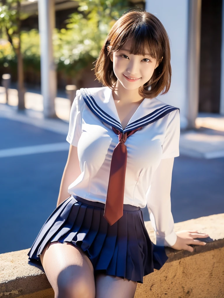 ((8k)), (((masterpiece))), (gigantic breasts:1.4),smile,(Sailor school Uniforms :1.5), beautiful face,solo girl, (bangs:1.3), (red tie:1.5),model style, (glossy short  brown hair:1.5), (white blouse:1.4),(school yard:1.3),(thick thighs:1.4),