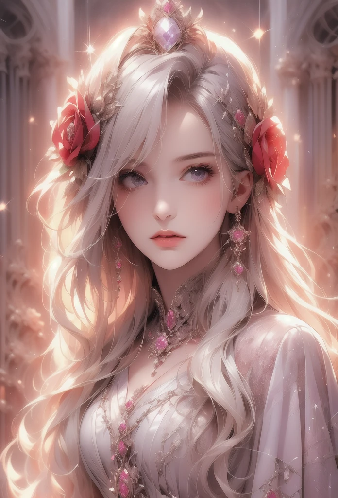 Flower Art, Rose, Fantasy, photograph, cute, Pale purple and light color style, Sparkling, Sparkling water reflections, Rococo portrait, Ether Tree, monoplane, les nabis,Tranquility,dream-like,16kHigh resolution, masterpiece, Highest quality, rose garden、like、High resolution, Highest quality, Very detailed, Beautiful Rose