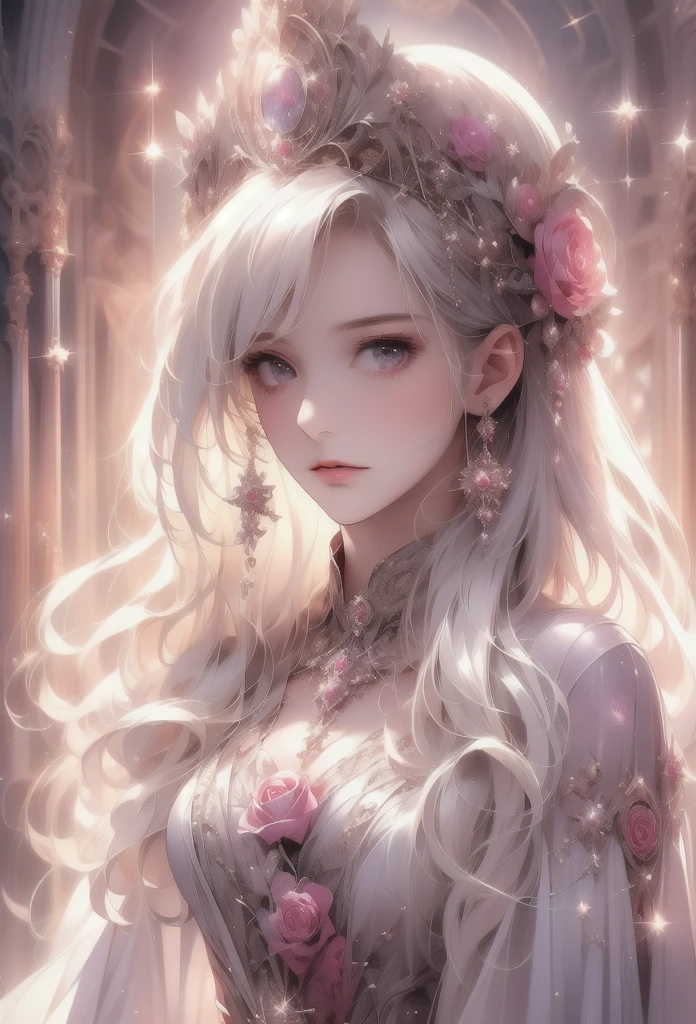 Flower Art, Rose, Fantasy, photograph, cute, Pale purple and light color style, Sparkling, Sparkling water reflections, Rococo portrait, Ether Tree, monoplane, les nabis,Tranquility,dream-like,16kHigh resolution, masterpiece, Highest quality, rose garden、like、High resolution, Highest quality, Very detailed, Beautiful Rose