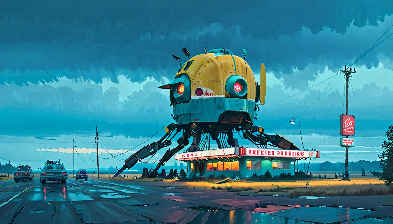 (lora:21Stalenhag:1),(masterpiece), (best quality), (ultra-detailed), (best illustration), (best shadow), (absurdres),((draw by Simon Stlenhag)), ((draw by Simon Stlenhag)), Simon Stlenhag style,SIMON STÅLENHAG,a group of broken monoliths,robot, country street by Simon Stlenhag,american diner on the far behind,spaceship in the sky