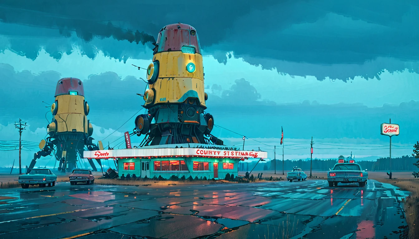 (lora:21Stalenhag:1),(masterpiece), (best quality), (ultra-detailed), (best illustration), (best shadow), (absurdres),((draw by Simon Stlenhag)), ((draw by Simon Stlenhag)), Simon Stlenhag style,SIMON STÅLENHAG,(((American Diner))), Americana Architecture, a group of broken monoliths,robot, country street by Simon Stlenhag,american diner on the far behind,spaceship in the sky