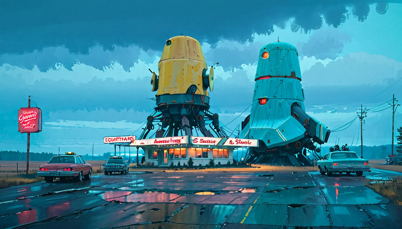 (lora:21Stalenhag:1),(masterpiece), (best quality), (ultra-detailed), (best illustration), (best shadow), (absurdres),((draw by Simon Stlenhag)), ((draw by Simon Stlenhag)), Simon Stlenhag style,SIMON STÅLENHAG,(((American Diner))), Americana Architecture, a group of broken monoliths,robot, country street by Simon Stlenhag,american diner on the far behind,spaceship in the sky