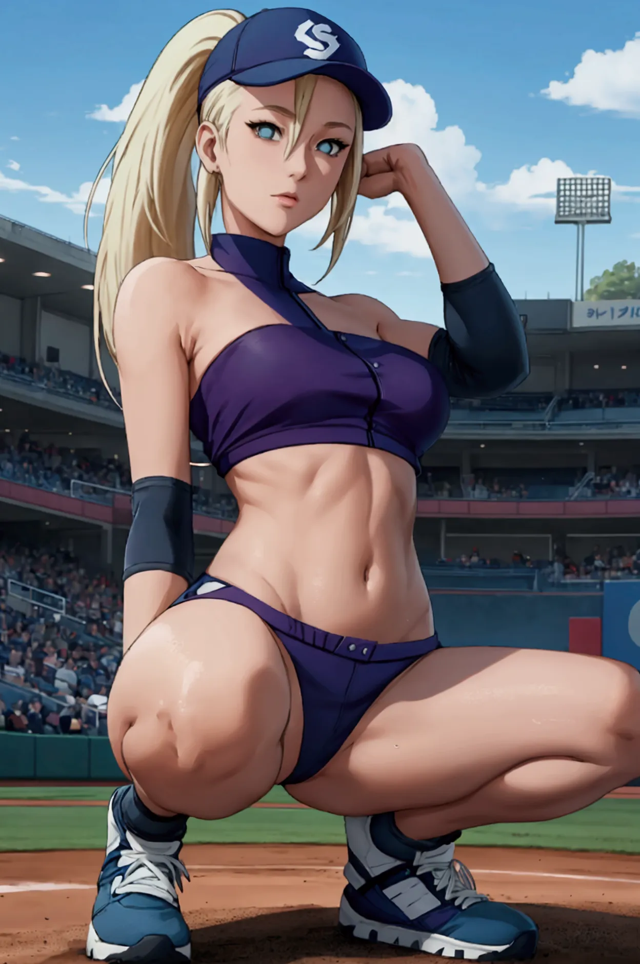 ino yamanaka with a slender and well-defined physique, featuring blue eyes and long blonde hair. she is wearing a snug, straples...